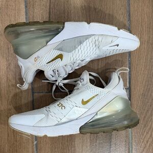 Nike White and Metallic Gold Air Max 270 Sneakers